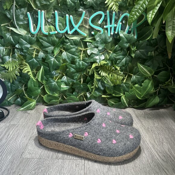 Haflinger Womens CUORICINI Gray Pink Hearts Wool Clogs Slippers 40/US 9 - Picture 1 of 8